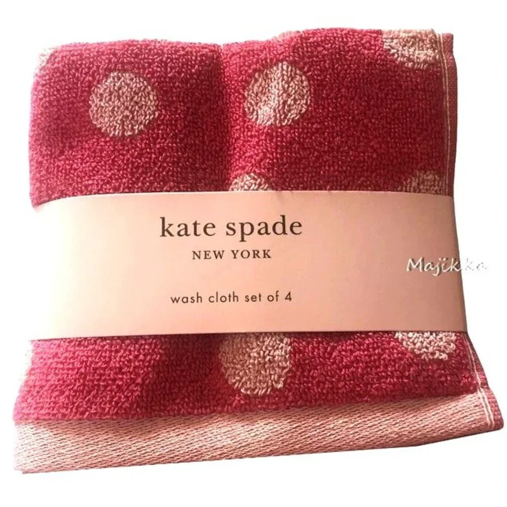 Kate Spade Pink Polka Dot Washcloths Facecloths Set of 4 Cotton Bathroom Dorm
